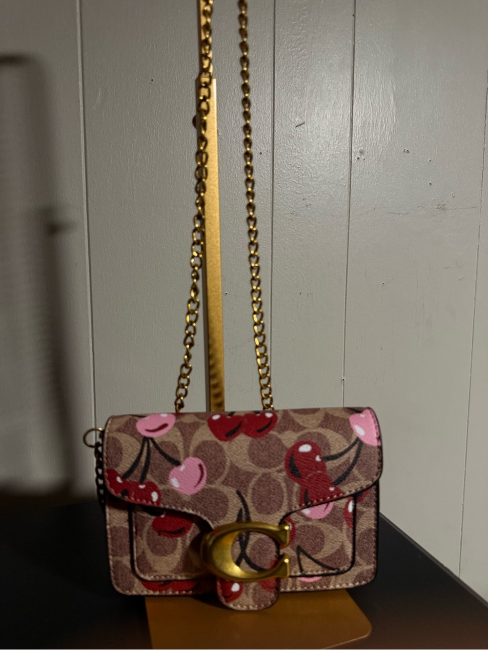 Coach Cherry Print Signature Crossbody in Brown, Pink & Red
